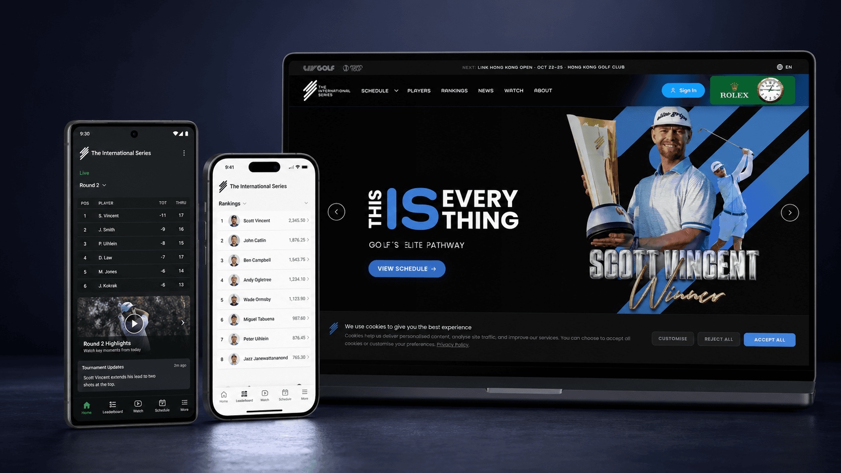 The International Series website and mobile apps showing live leaderboards, rankings and tournament coverage