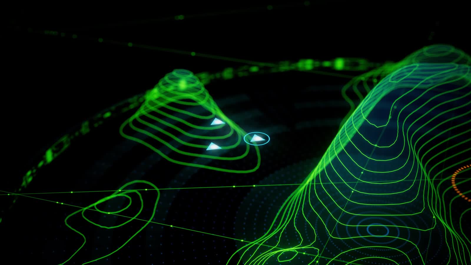 NODA AI’s animated 3D terrain with contour lines, connected platforms and mission markers